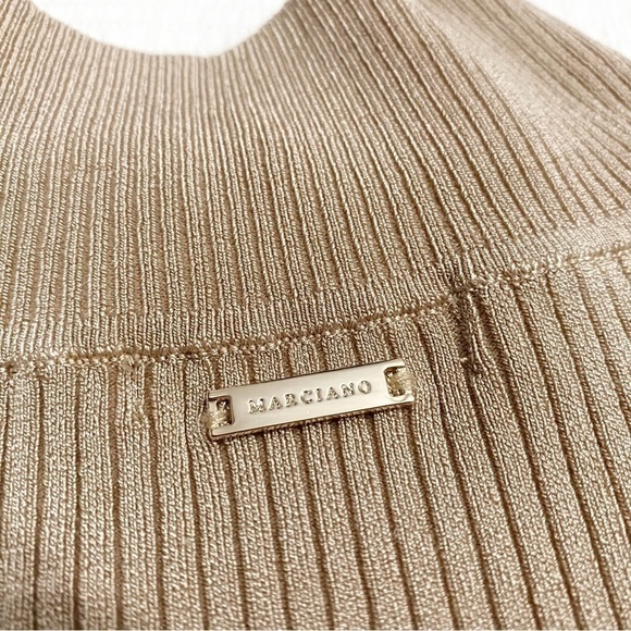 Marciano CAMEL TAN RIBBED STRETCH MOCK NECK SLEEVELESS BODYCON DRESS - Picture 7 of 9